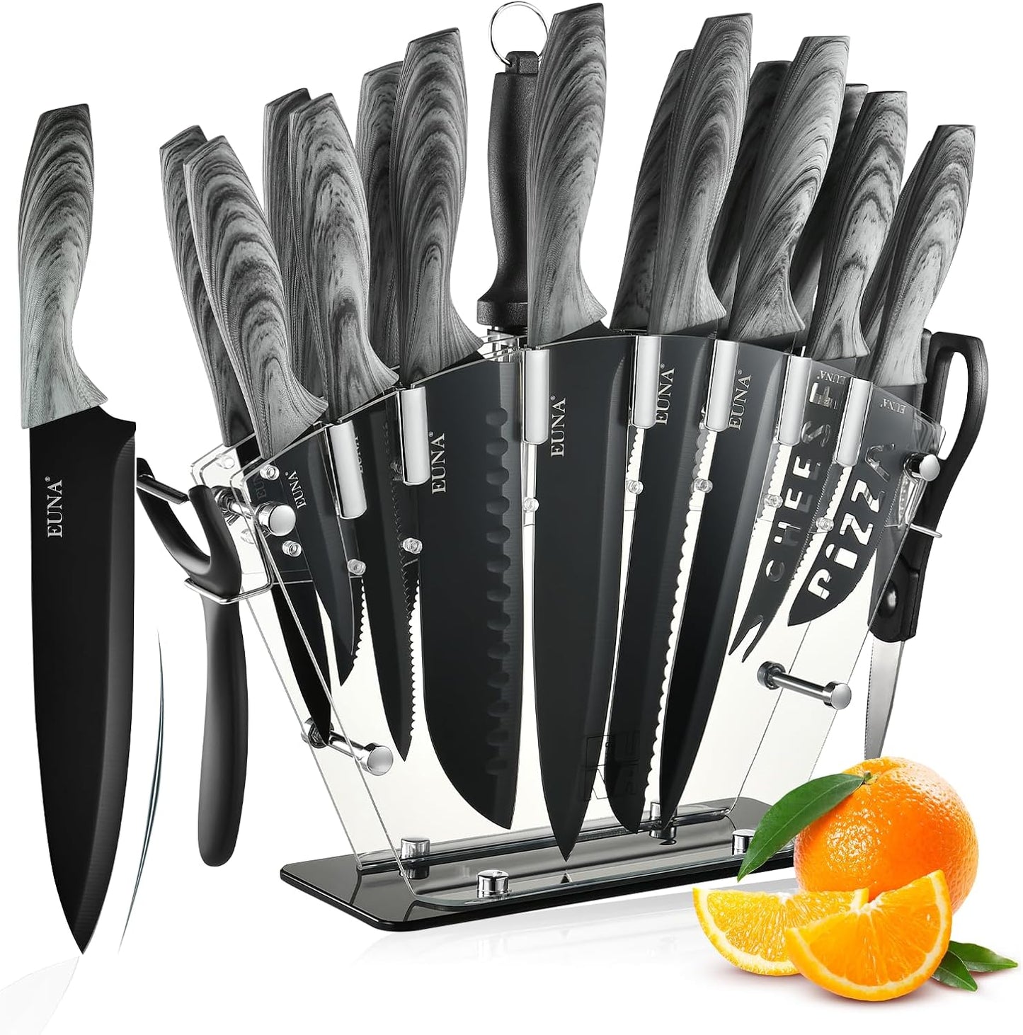 EUNA Knife Block Set - 19 PCS Kitchen Knife Set with Sharpener