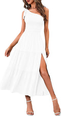 One Shoulder Smocked Midi Dress - Flowy Tiered Summer Dress MEROKEETY