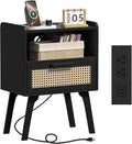 Rattan Nightstand with Charging Station - Boho Black Bedside Table