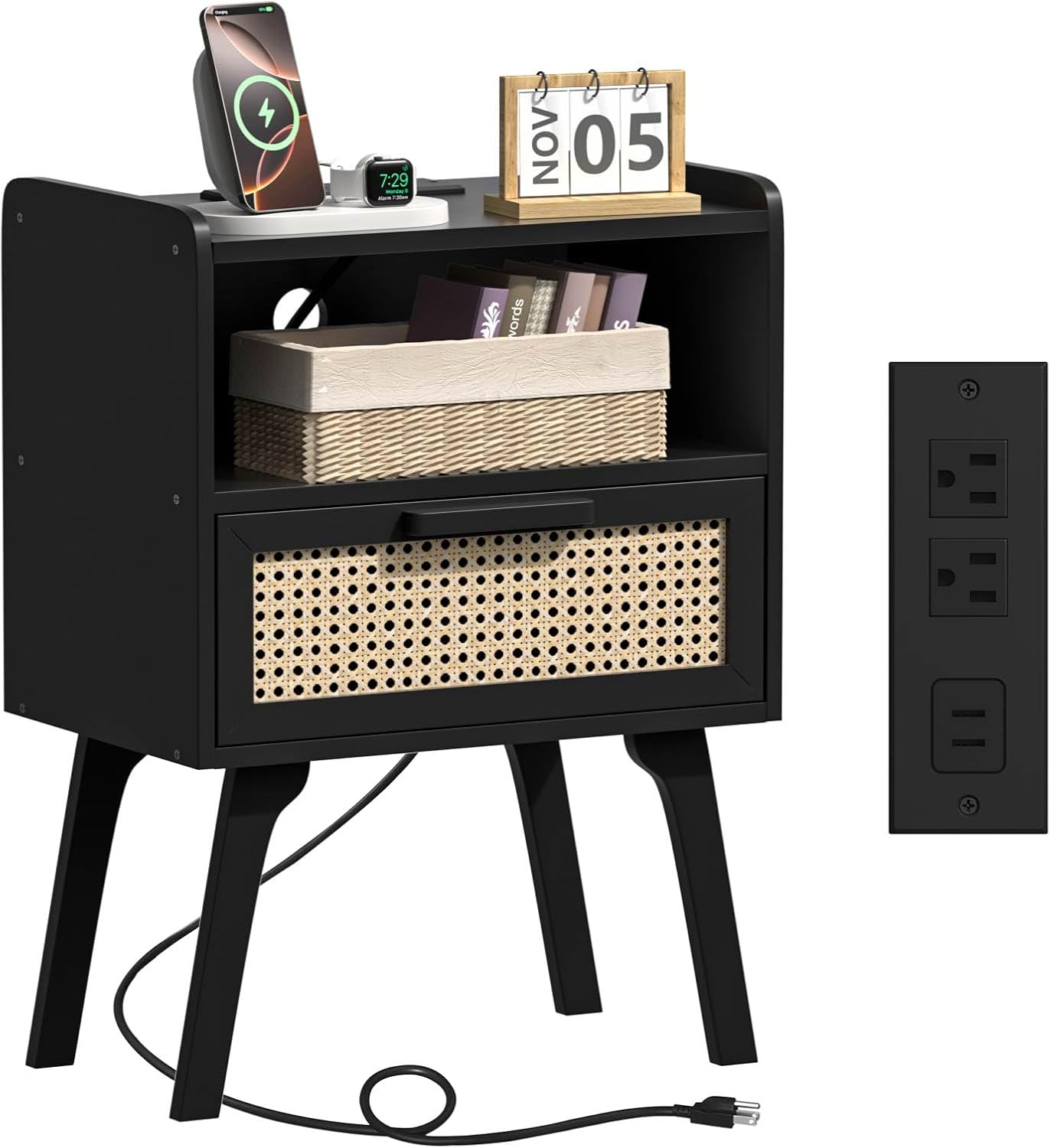 Rattan Nightstand with Charging Station for Modern Bedrooms