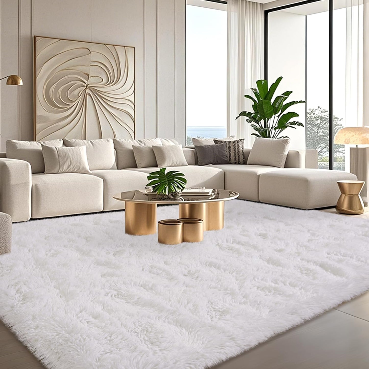 Large Shag Rugs for Living Room, 6x9 Ft White Fluffy Rug