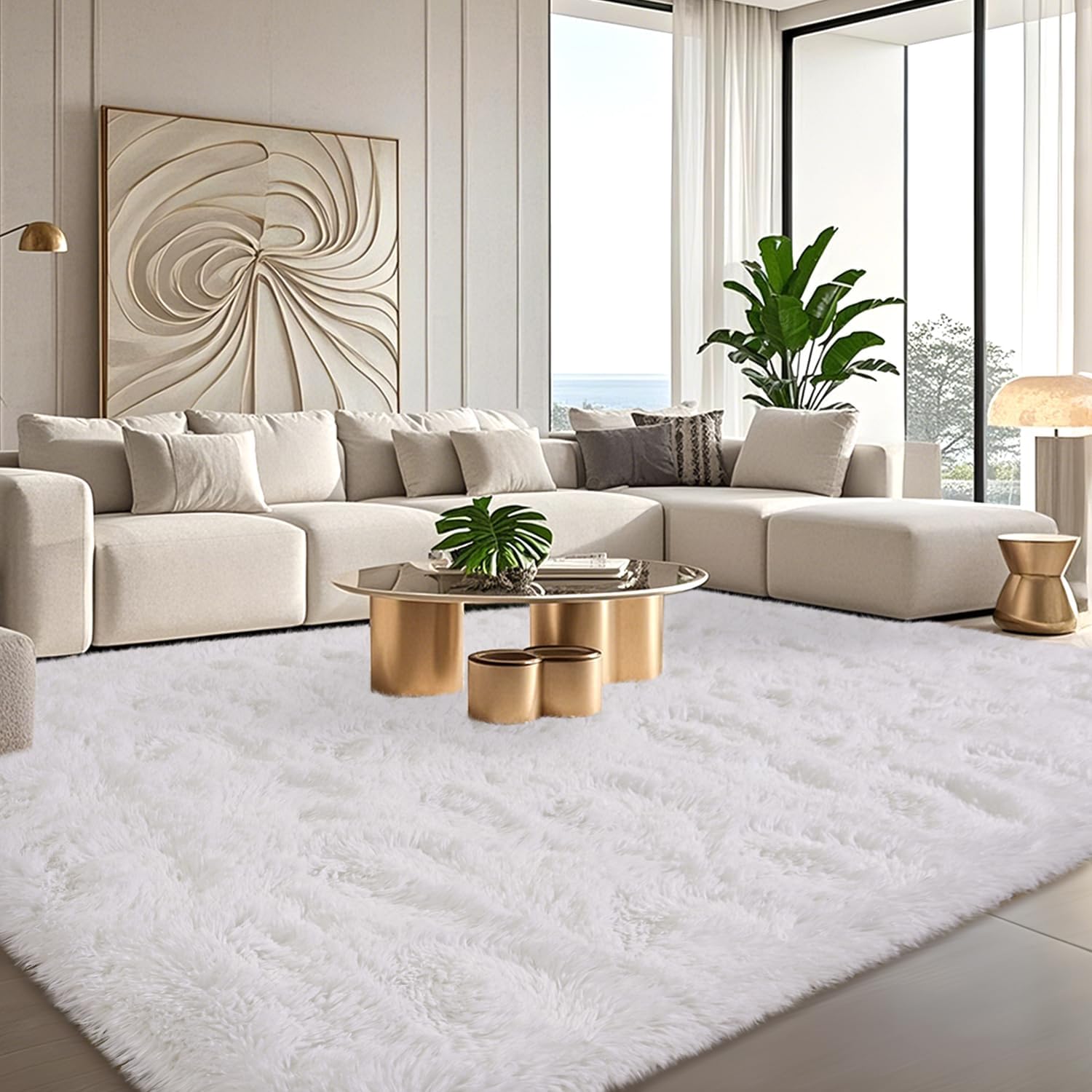 Large Shag Rugs for Living Room, 6x9 Ft White Fluffy Rug