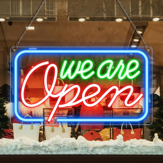Bright Neon We Are Open Signs for Business, 16.5in x 9in