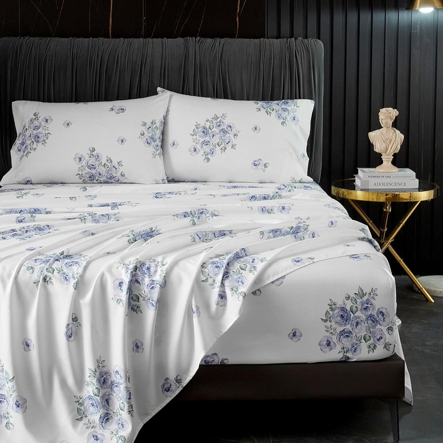 HYPREST Blue Floral Bed Sheets King Size with Deep Pockets