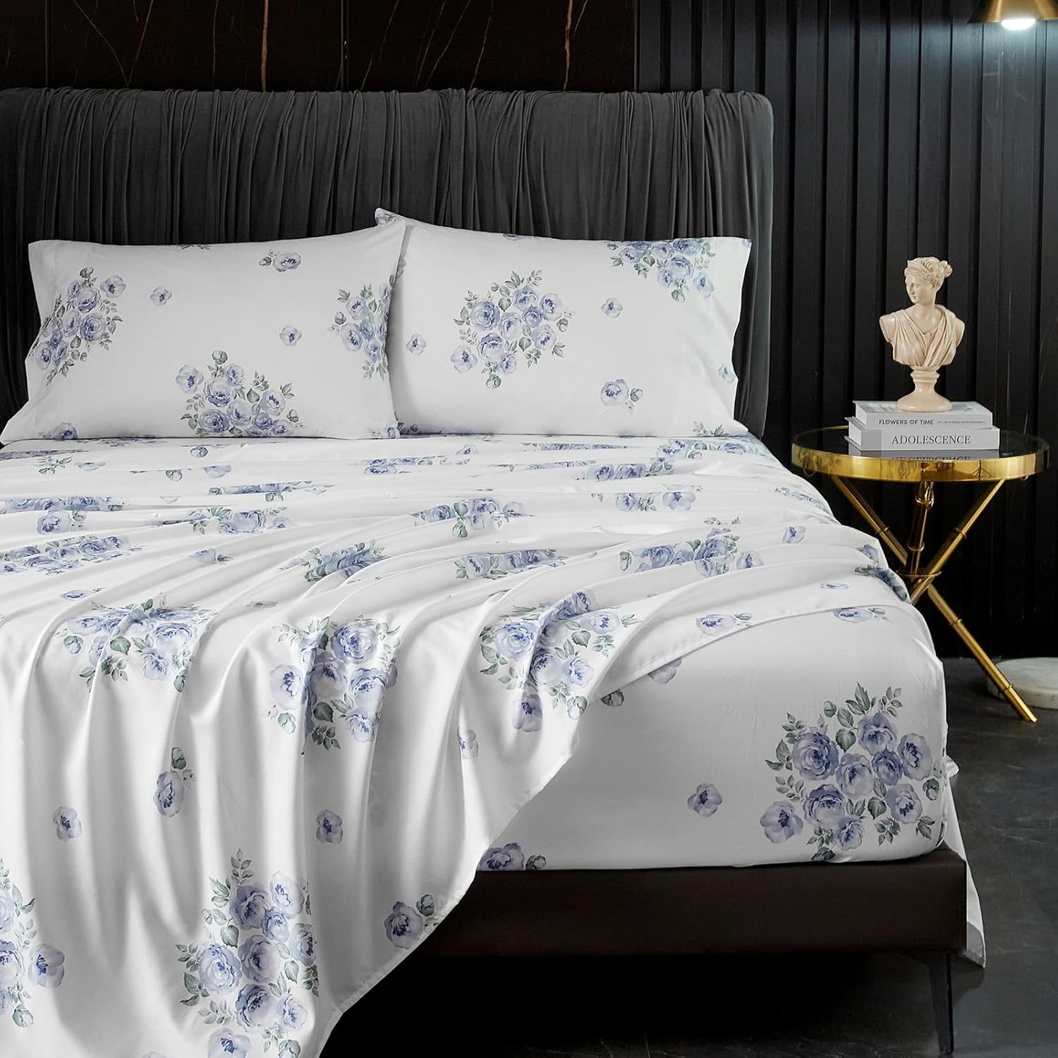 HYPREST Blue Floral Bed Sheets King Size with Deep Pockets
