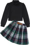 Girls Plaid Skirt Set with Puff Long Sleeve Top - Sizes 6-14Y
