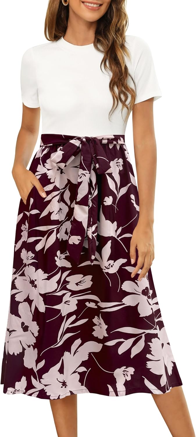 Modest Summer Midi Dress for Women - Short Sleeve Ribbed Style