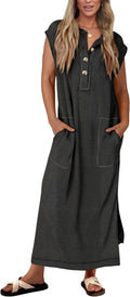 Womens Ribbed Henley Maxi Dress - Lightweight Button Up Sundress