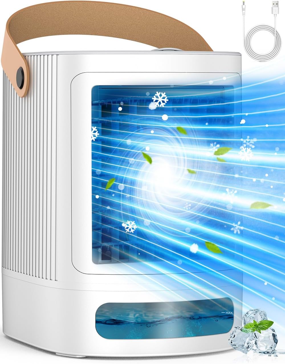 Portable 3-IN-1 Mini Air Conditioner: 3-Level Humidify, 3 Speeds, 7-Color Lights