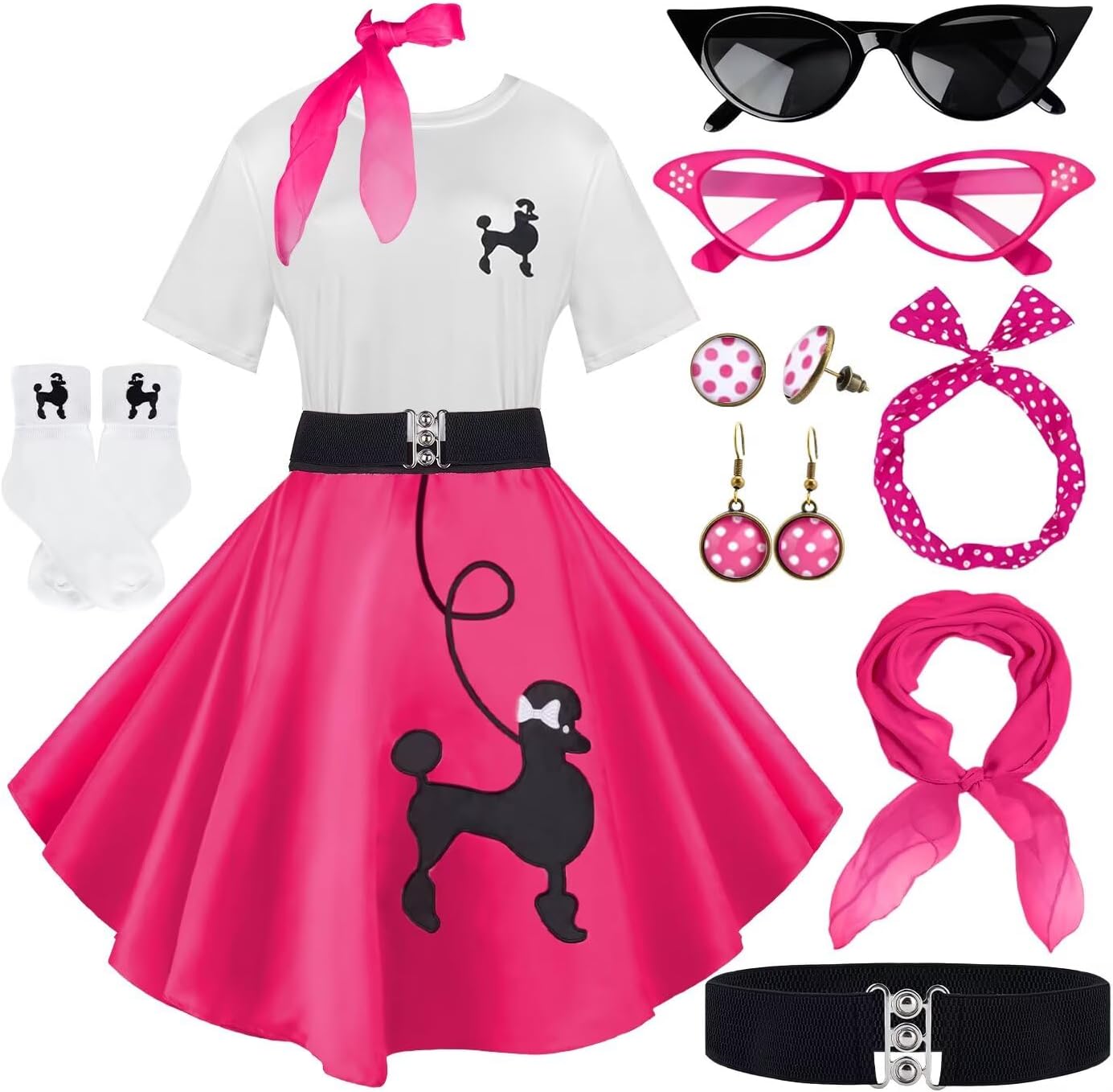 10Pcs Sock Hop Outfits Women with 1950s Poodle Skirts