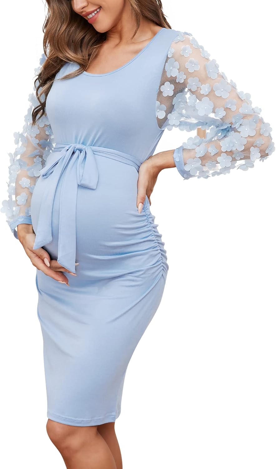 Floral Mesh Bishop Long Sleeve Maternity Midi Dress for Baby Shower