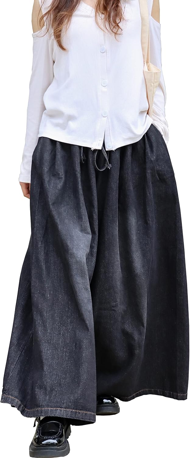 Extra Wide Leg Denim Pants for Women with Elastic Waist and Pockets