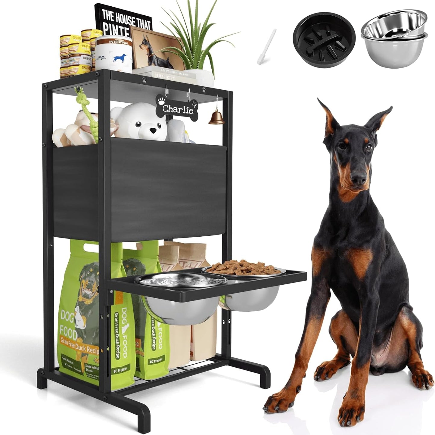 Elevated Dog Bowls with Adjustable Height and Storage Organizer