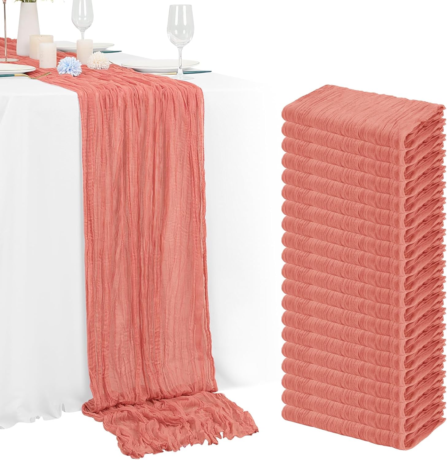 20 Pack Coral Cheesecloth Table Runner for Rustic Boho Decor