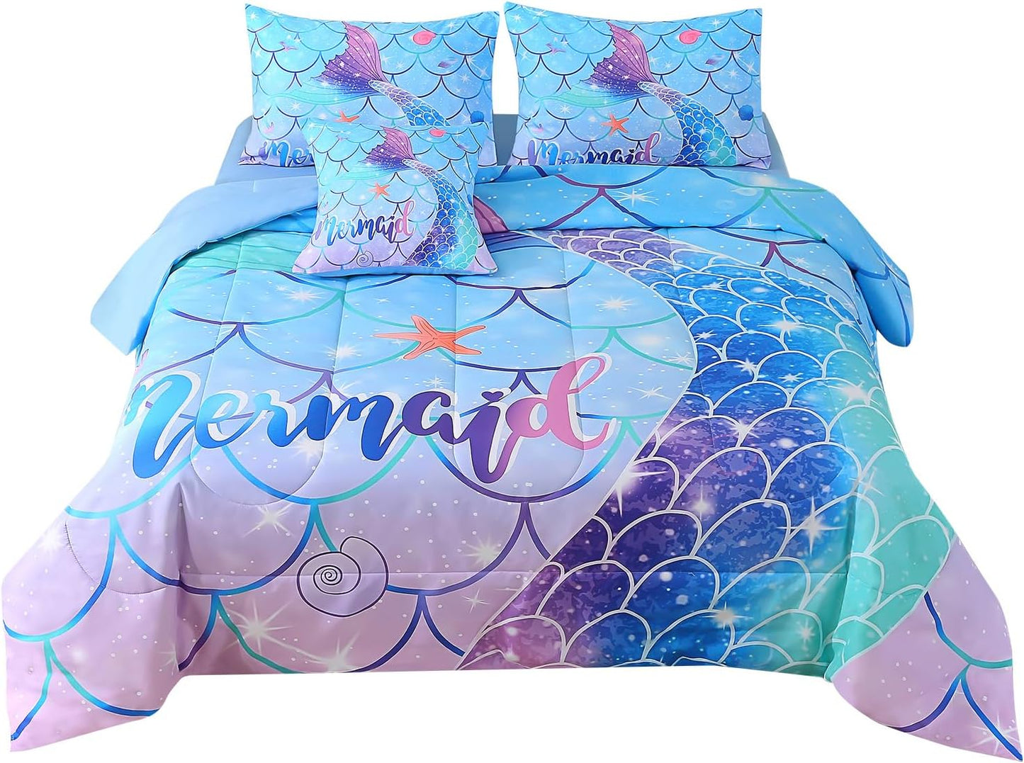 Mermaid Comforter Set Full Size, 6 Piece Bedding Set for Kids