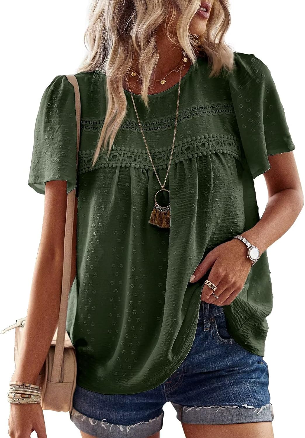 Womens Summer Tops Crewneck Short Sleeve Casual Chiffon Blouses