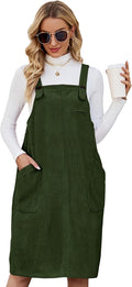 Corduroy Jumper Overall Pinafore Midi Dress with Pockets - Comfortable