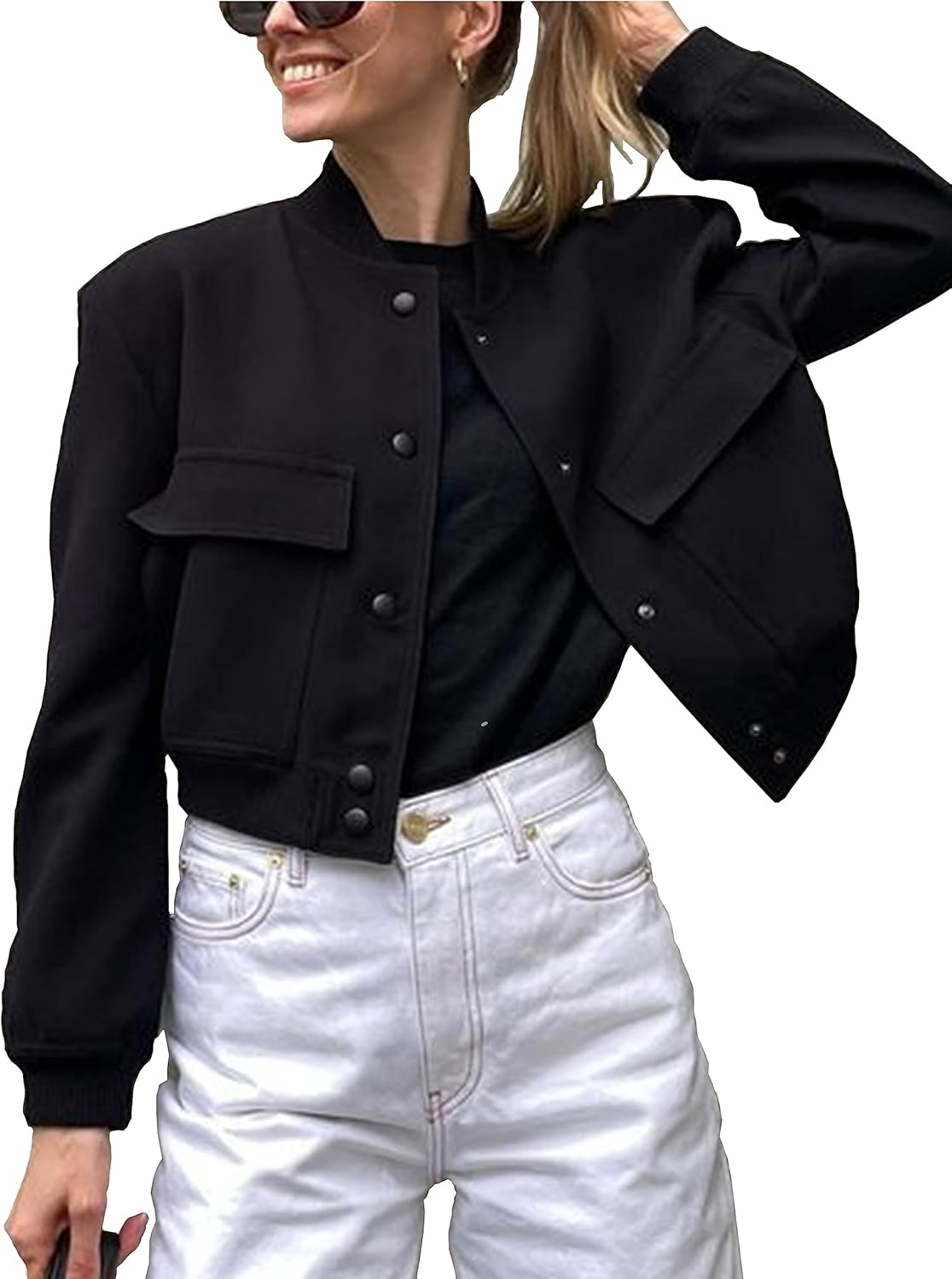 Womens Cropped Bomber Jacket with Button Down Closure and Pockets