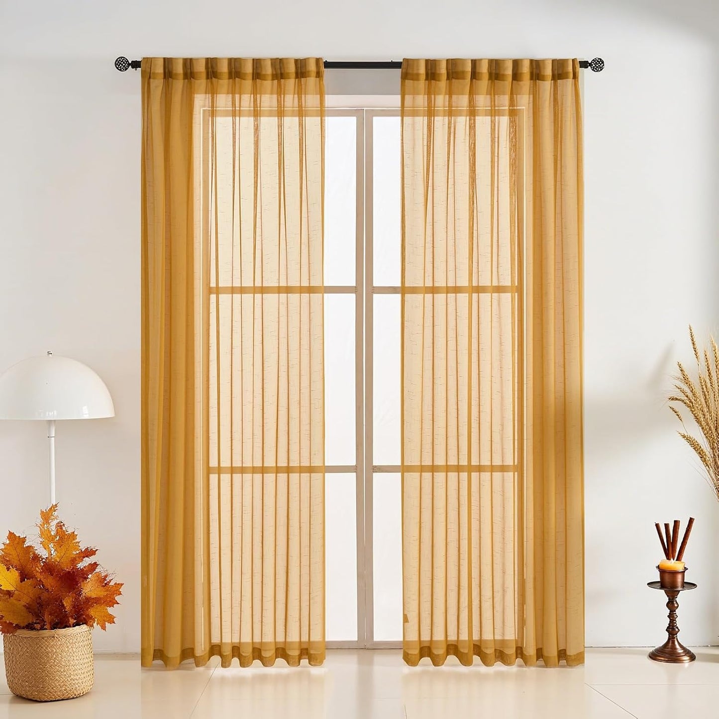 Fall Gold Linen Look Pinch Pleated Sheer Curtains for Cozy Homes