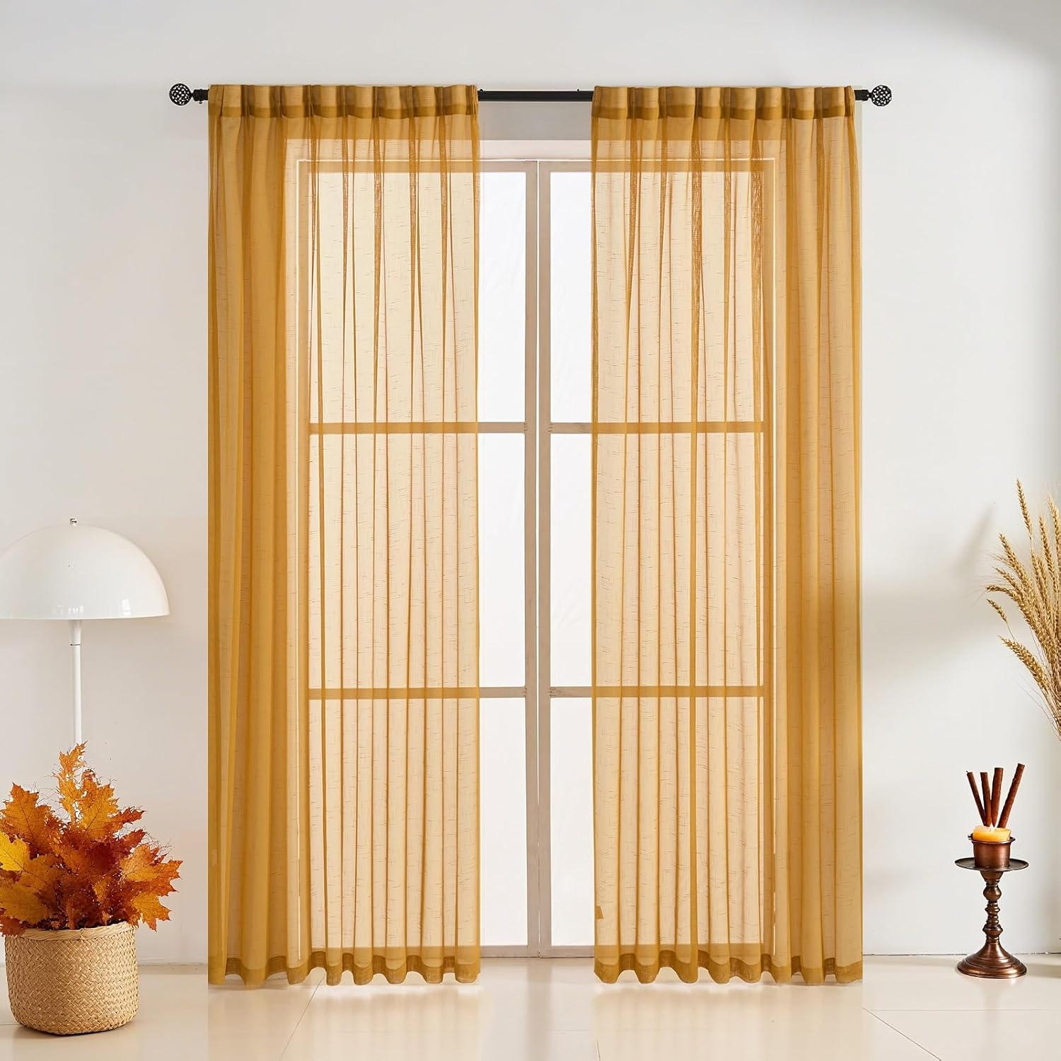 Fall Gold Linen Look Pinch Pleated Sheer Curtains for Cozy Homes