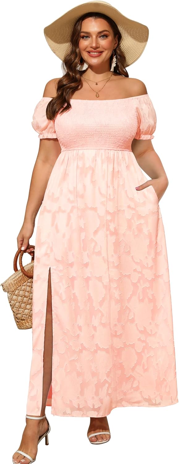 Plus Size Summer Dresses - Boho Casual Off Shoulder Maxi Dress