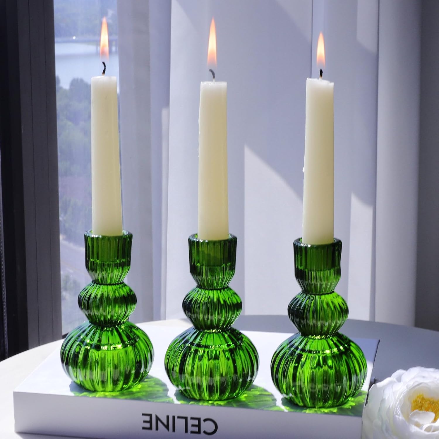 Vintage Green Candlestick Holders Set of 6 for Home Decor