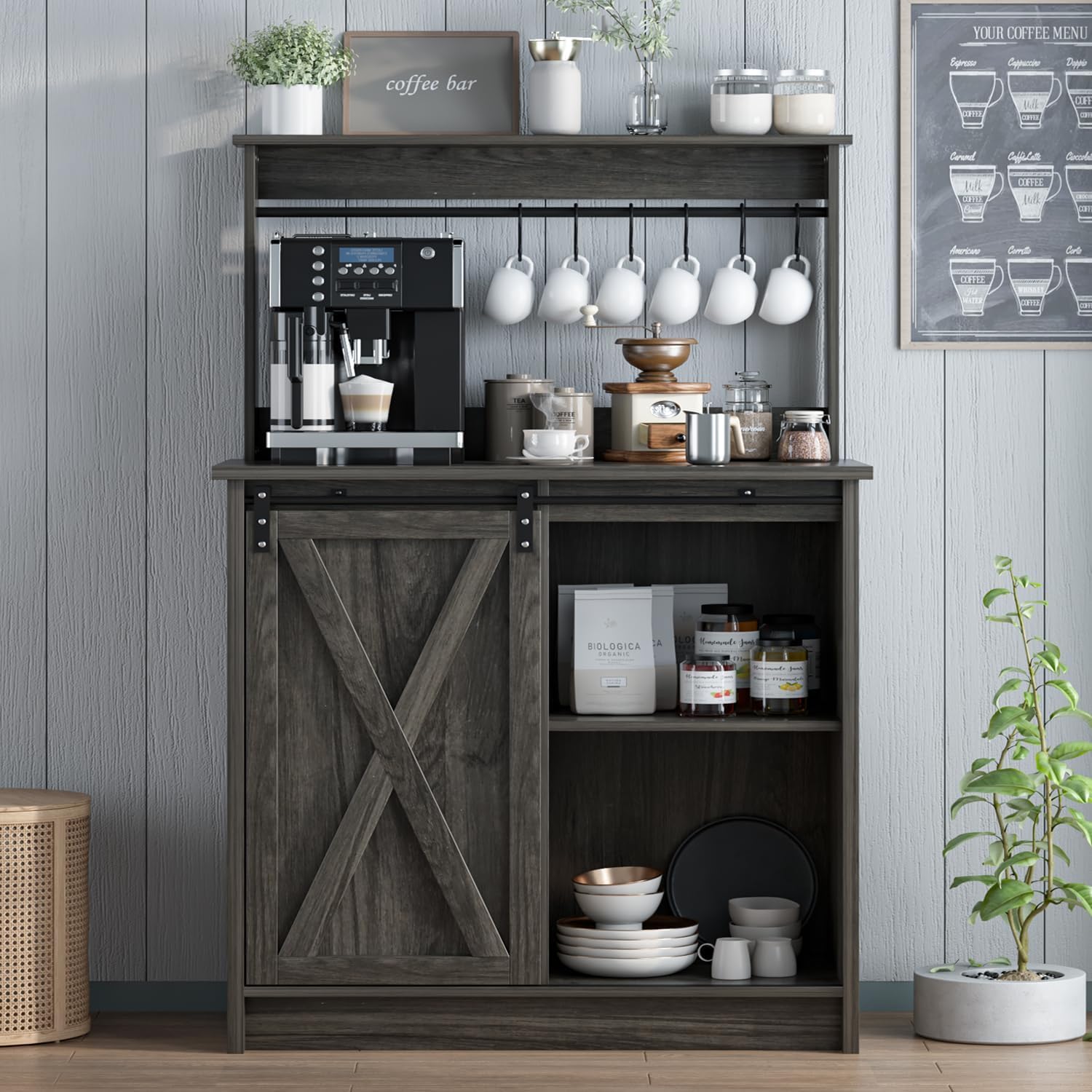 Farmhouse Coffee Bar with Hutch - Extra Large Storage Cabinet