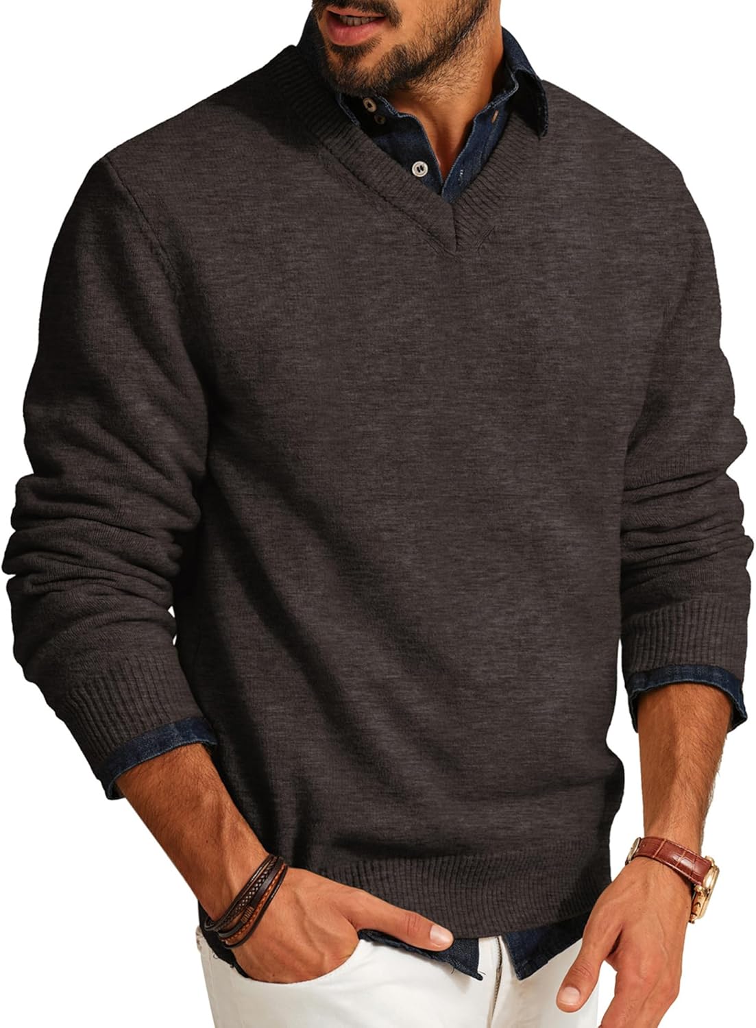 PJ PAUL JONES Mens V Neck Pullover Lightweight Wool Blend Sweater
