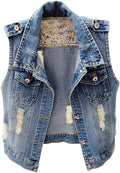 Kedera Womens Denim Jean Vest Classic Cropped Distressed Jacket