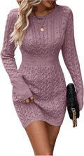 Women Cable Knit Sweater Dress Long Sleeve Crewneck - Cozy Shape