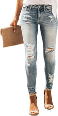 Women's Ripped Skinny Slim Fit Jeans Frayed Distressed - Stretchy Mid