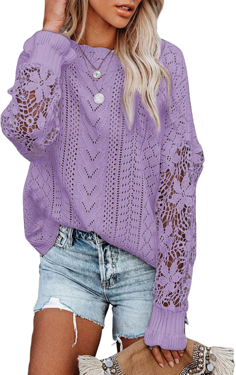 Dokotoo Womens Crochet Lace Long Sleeve Sweater for Style