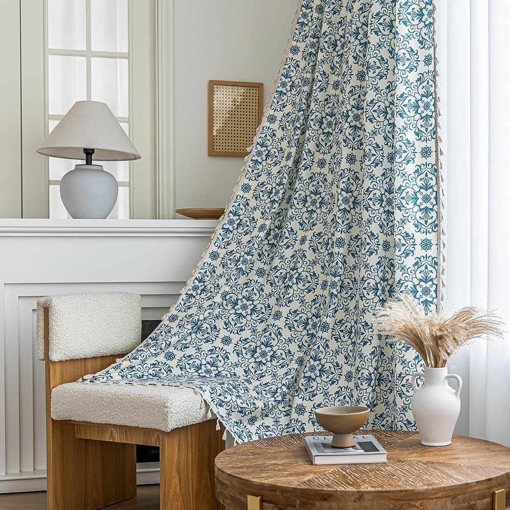 Boho Floral Curtains for Living Room - 96 Inch Light Filtering Drapes