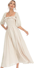 Women Summer Cotton Ruffled Backless A Line Long Midi Dress - Flowy