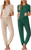 Womens 2 Pack Pajama Sets Short Sleeve Tops & Jogger Pants - Soft