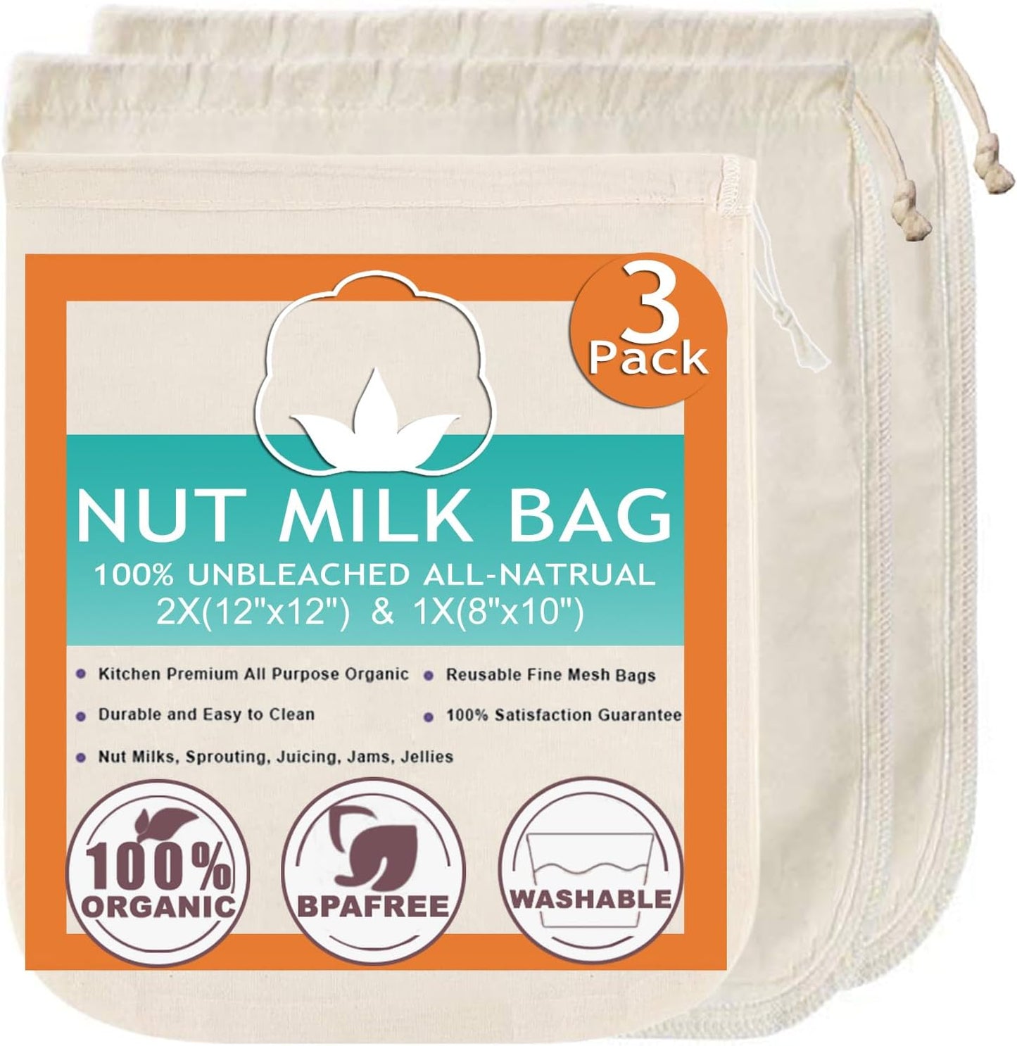 Organic Reusable Nut Milk Bag Strainer Set - Premium Fine Mesh for Juicing & Sprouting