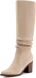 Womens Knee High Faux Suede Chunky Heel Boots - Pointed Toe