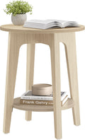 Natural Beige 2-Tier Round Side Table - Compact Mid-Century Nightstand