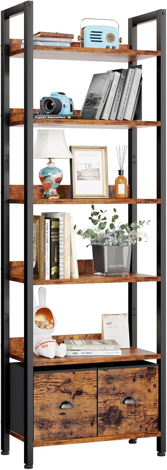 Furologee 6-Tier Bookshelf: Rustic Tall Bookcase with Drawers