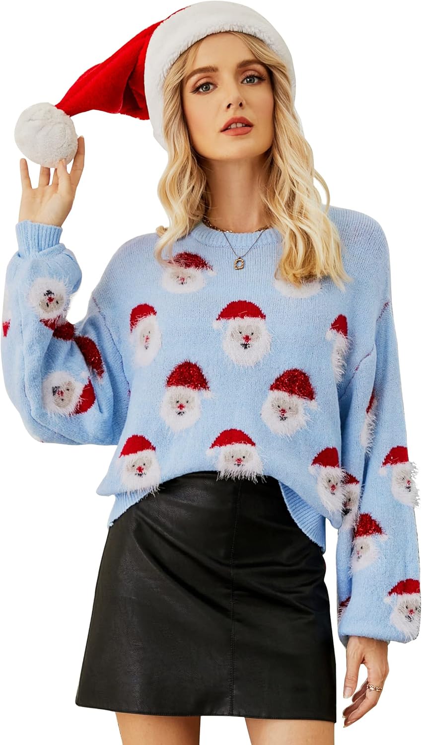 Womens Ugly Christmas Sweater with Funny Santa Design for Parties
