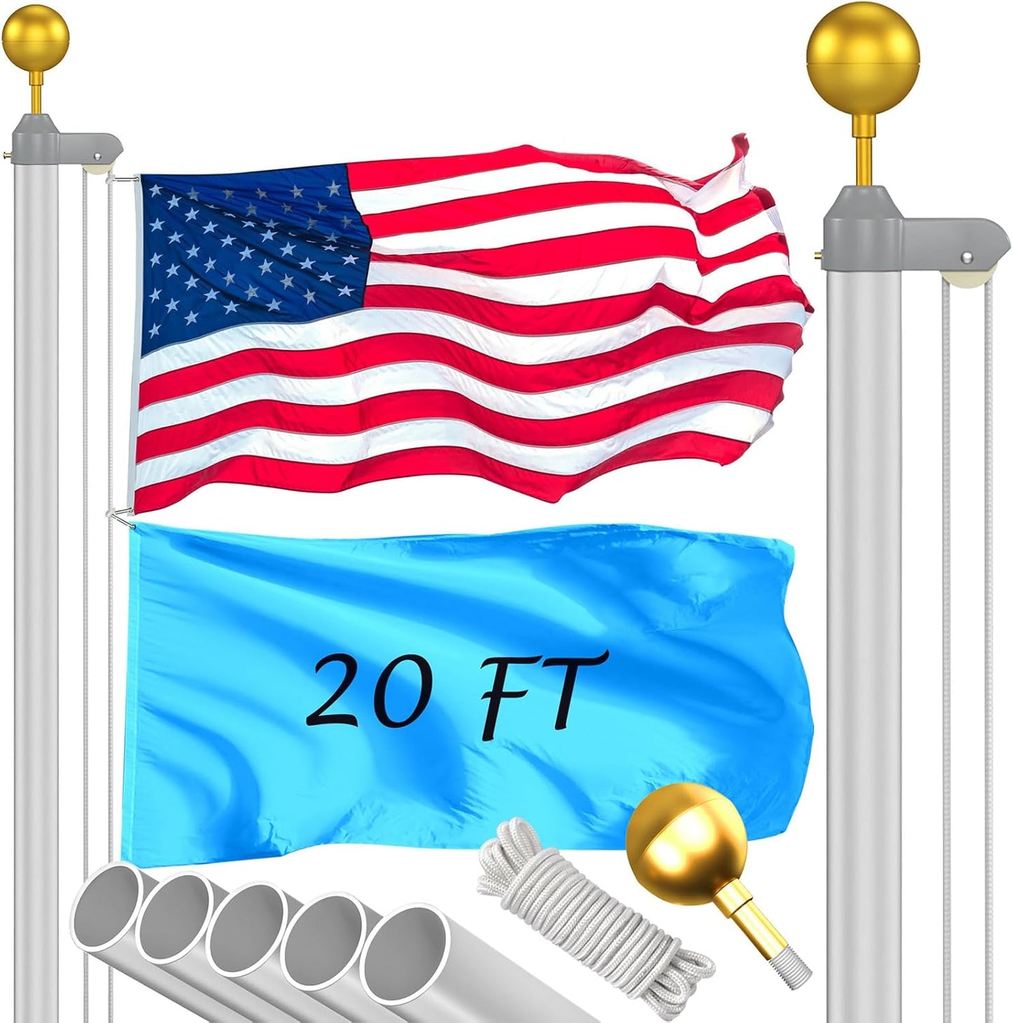 Durable 20FT Flag Pole Kit with 3x5 American Flag for Outdoors