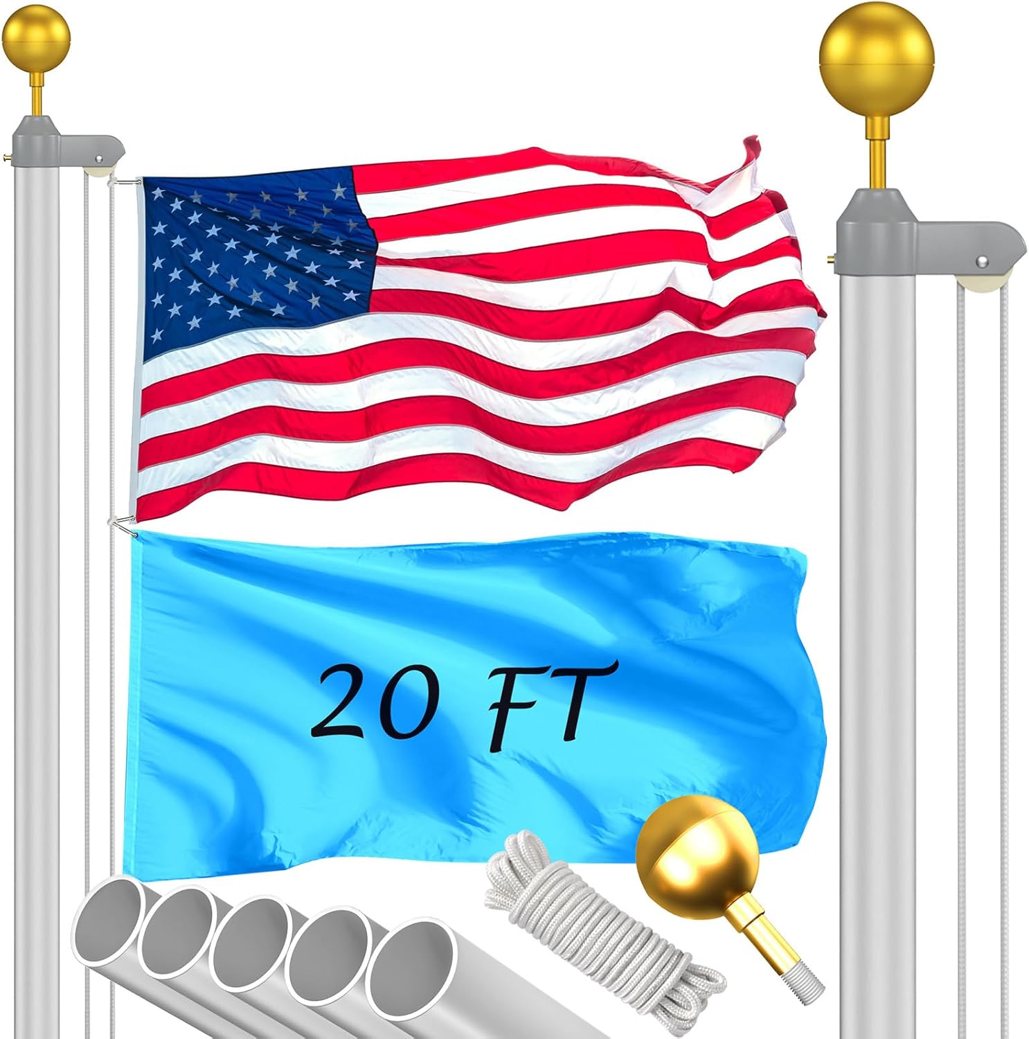 Durable 20FT Flag Pole Kit with 3x5 American Flag for Outdoors