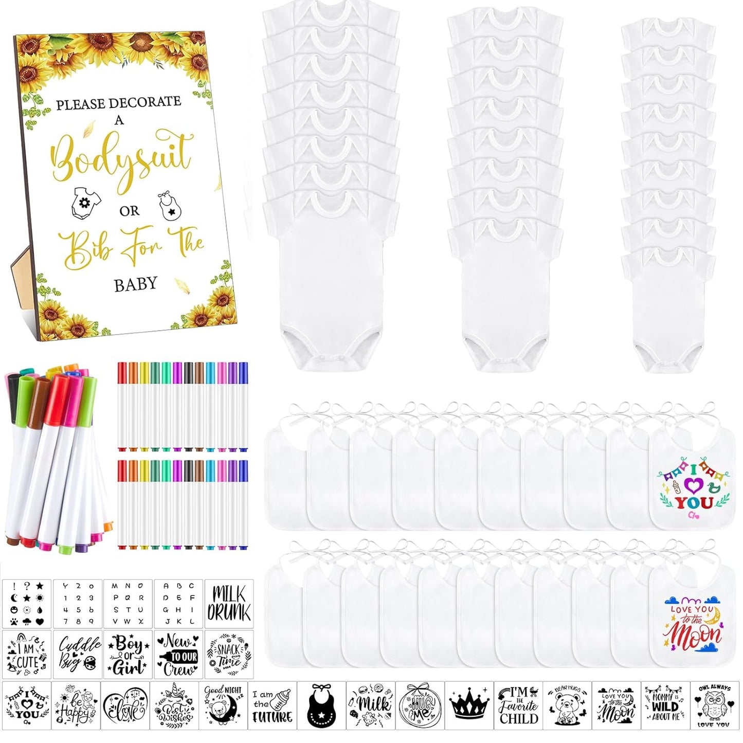 Panitay 100 Pcs Blank Bib Bodysuit Baby Shower Set for Fun