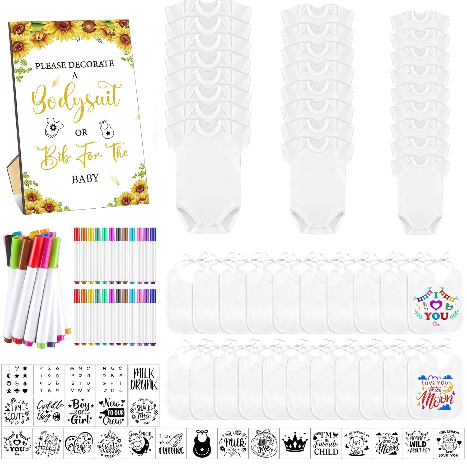 Panitay 100 Pcs Blank Bib Bodysuit Baby Shower Set for Fun