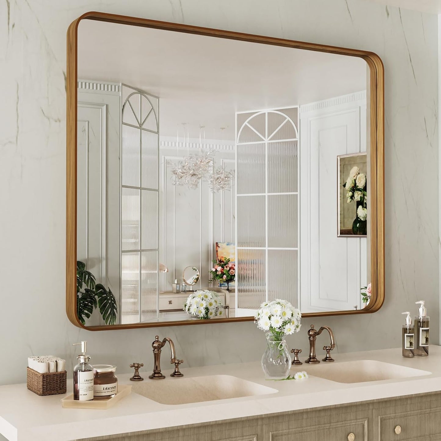 40X24 Inch Bathroom Mirror with Wood Grain Metal Frame