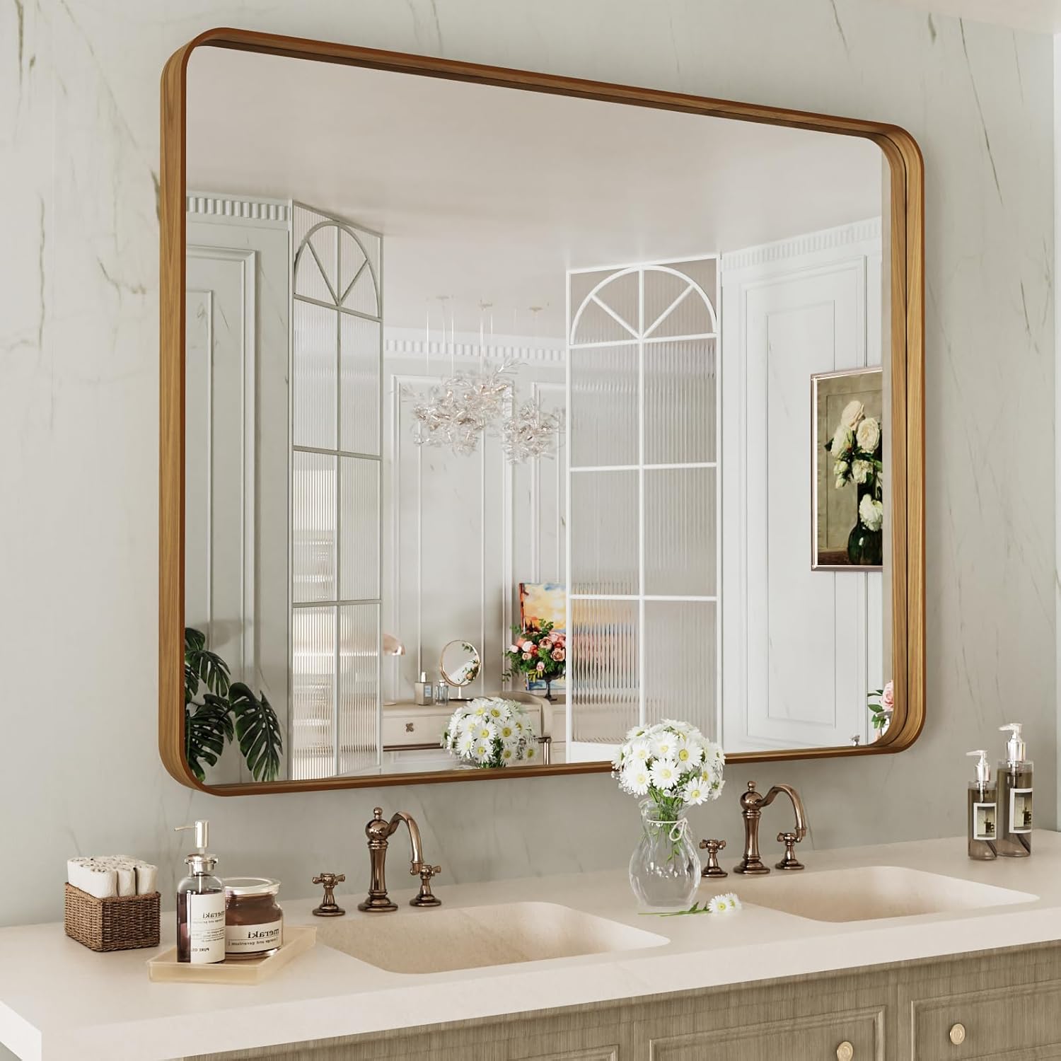 40X24 Inch Bathroom Mirror with Wood Grain Metal Frame