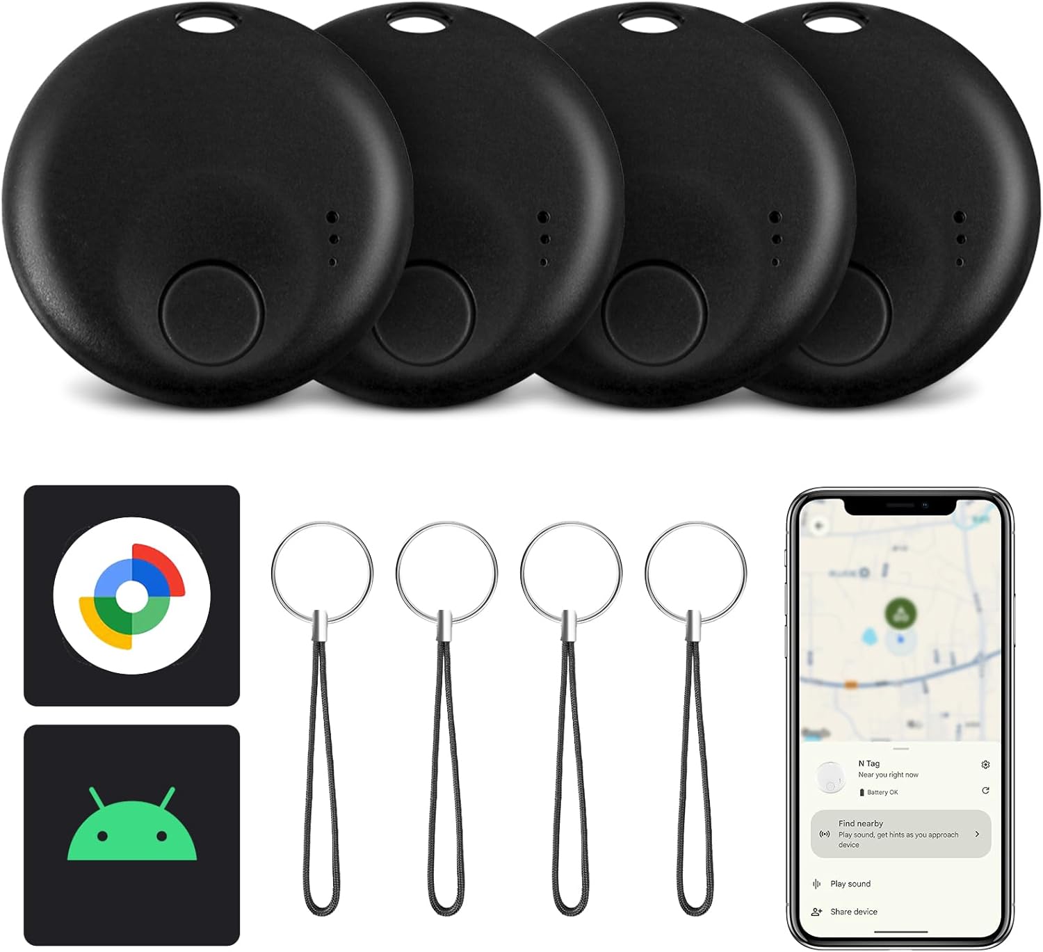 4 Pack Android Tracker Tags for Keys, Wallet, and Luggage