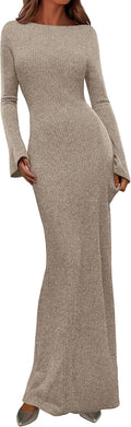 Women's Fall Ribbed Knit Maxi Dress Boat Neck Bodycon - Cozy Fit