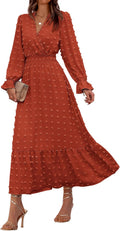 Women Fall Long Sleeve Swiss Dots Maxi Dress - Flowy V Neck Ruffle