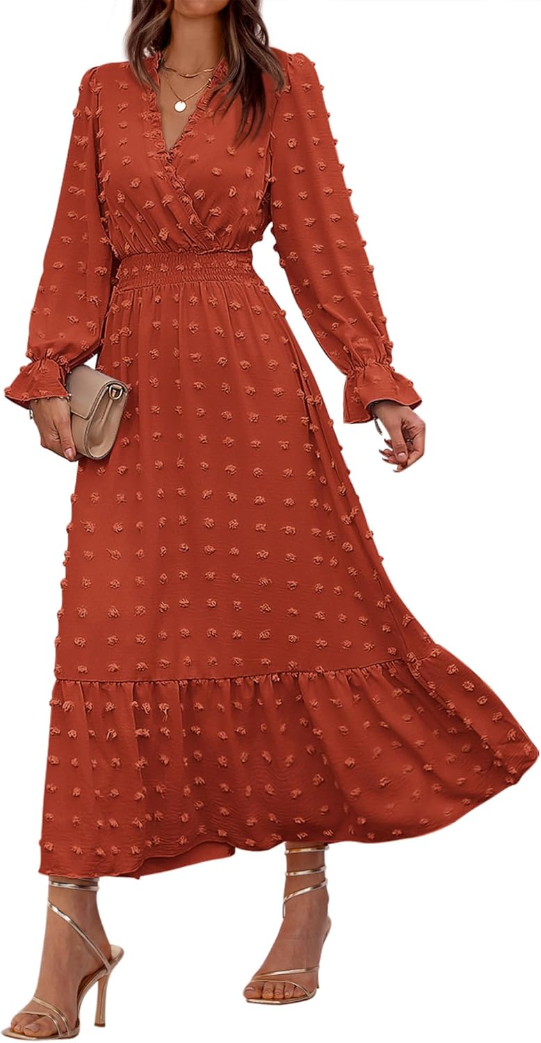BTFBM Women Fall Dresses 2024 Long Sleeve V Neck Maxi Dress